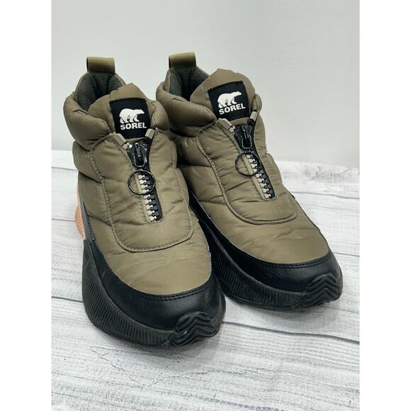 Sorel Womens Green Out N About III Puffy Zip Waterproof Faux Fur Snow Boots Sz 9 - Picture 1 of 11